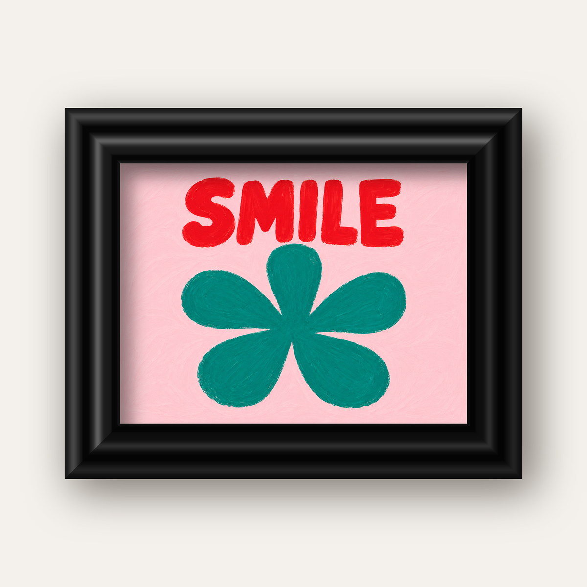 SMILE Kırmızı Yazılı Koyu Yeşil Çiçek Poster – Modern Duvar Sanatı — siyah galeri çerçeveli