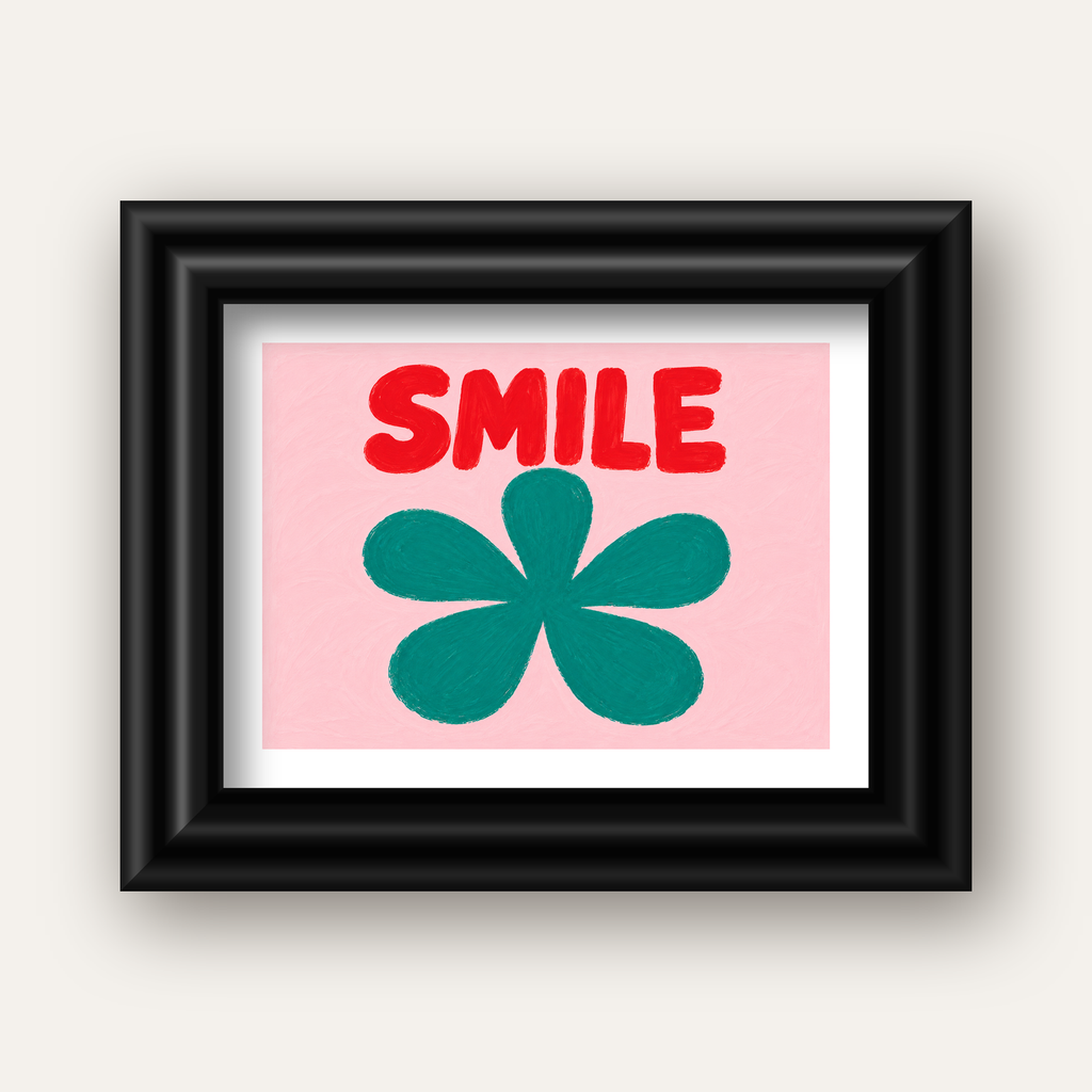 SMILE Kırmızı Yazılı Koyu Yeşil Çiçek Poster – Modern Duvar Sanatı — siyah galeri çerçeveli paspartulu