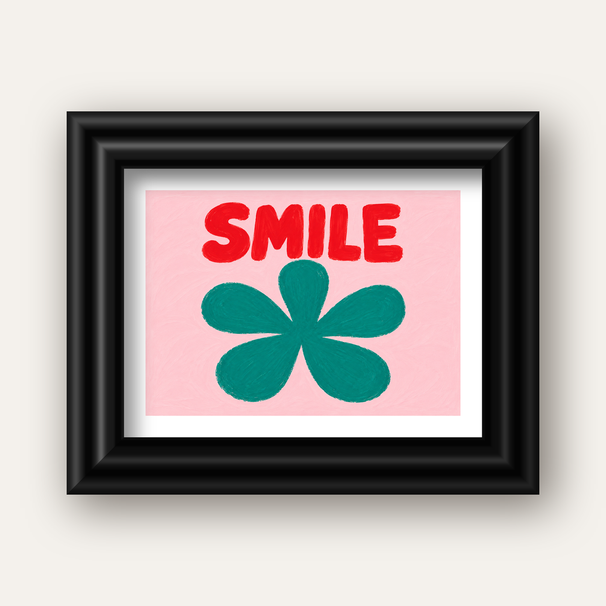 SMILE Kırmızı Yazılı Koyu Yeşil Çiçek Poster – Modern Duvar Sanatı — siyah galeri çerçeveli paspartulu