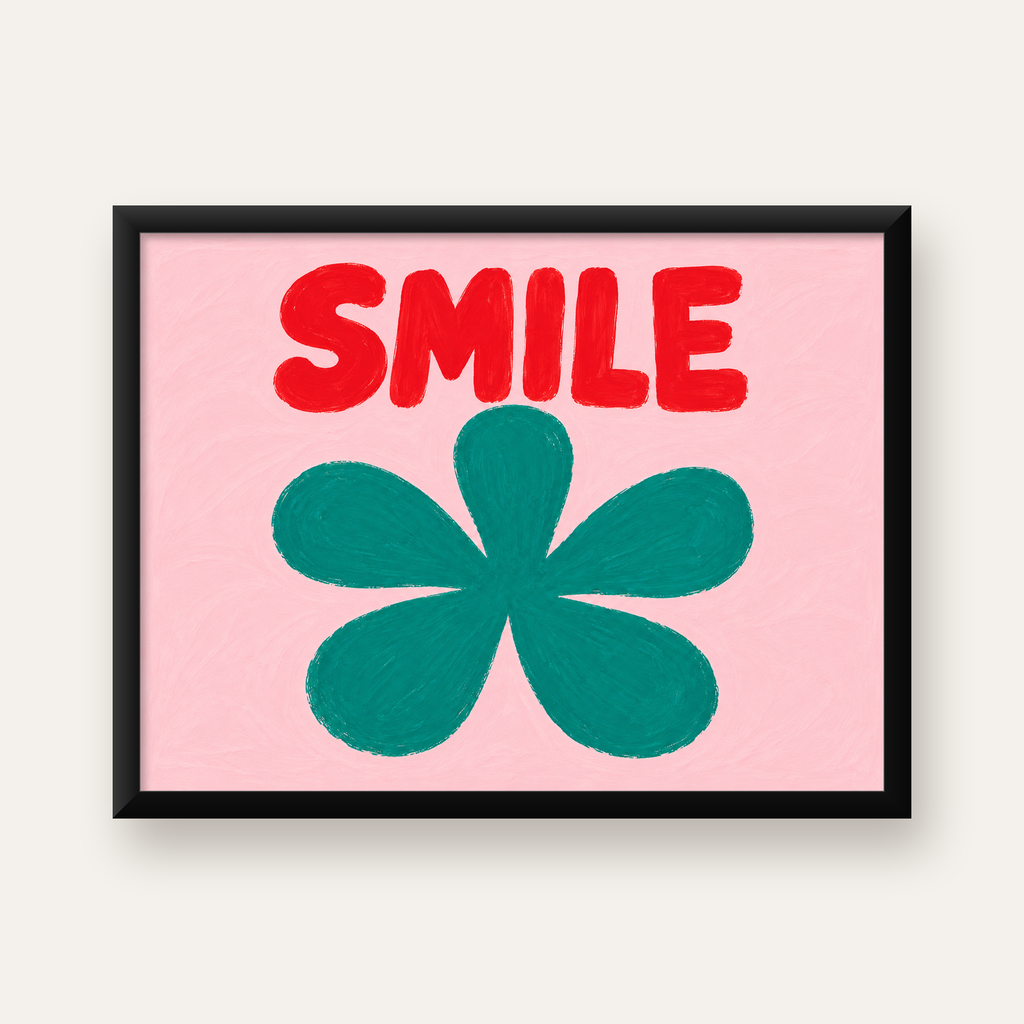 SMILE Kırmızı Yazılı Koyu Yeşil Çiçek Poster – Modern Duvar Sanatı — Yatay baskı, düz siyah çerçeveli duvar posteri