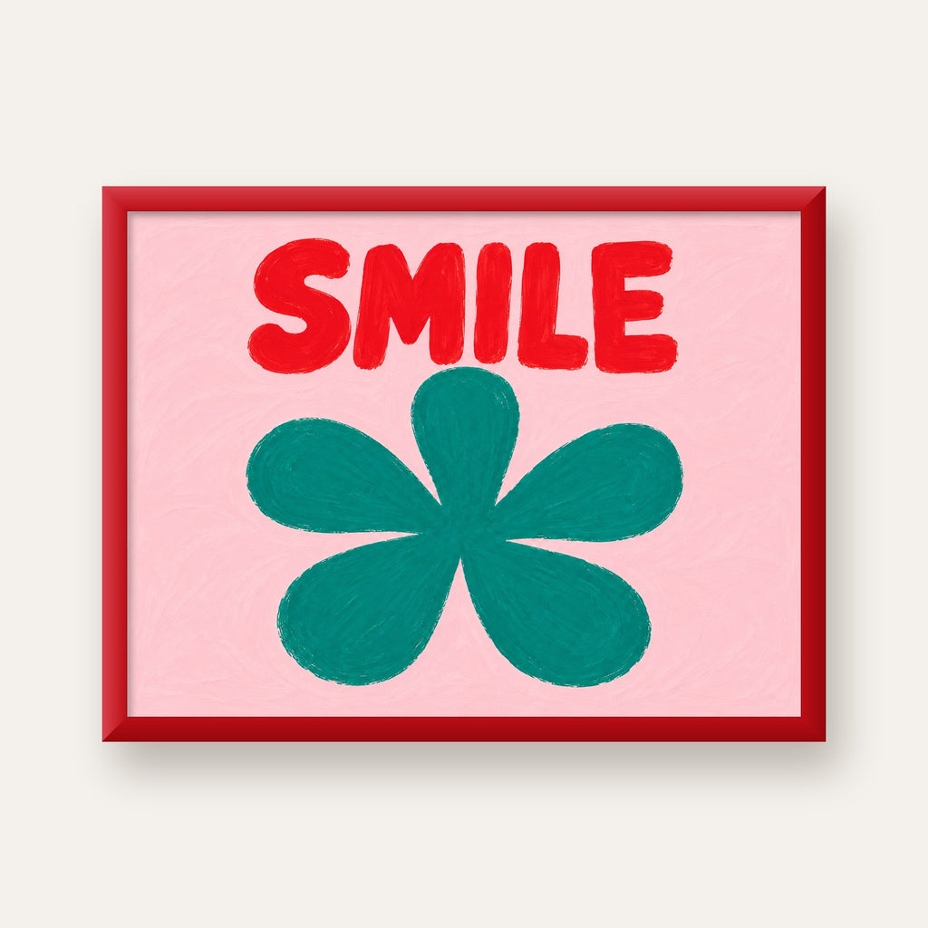 SMILE Kırmızı Yazılı Koyu Yeşil Çiçek Poster – Modern Duvar Sanatı — kırmızı çerçeveli