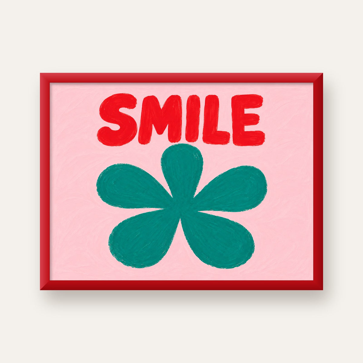 SMILE Kırmızı Yazılı Koyu Yeşil Çiçek Poster – Modern Duvar Sanatı — kırmızı çerçeveli