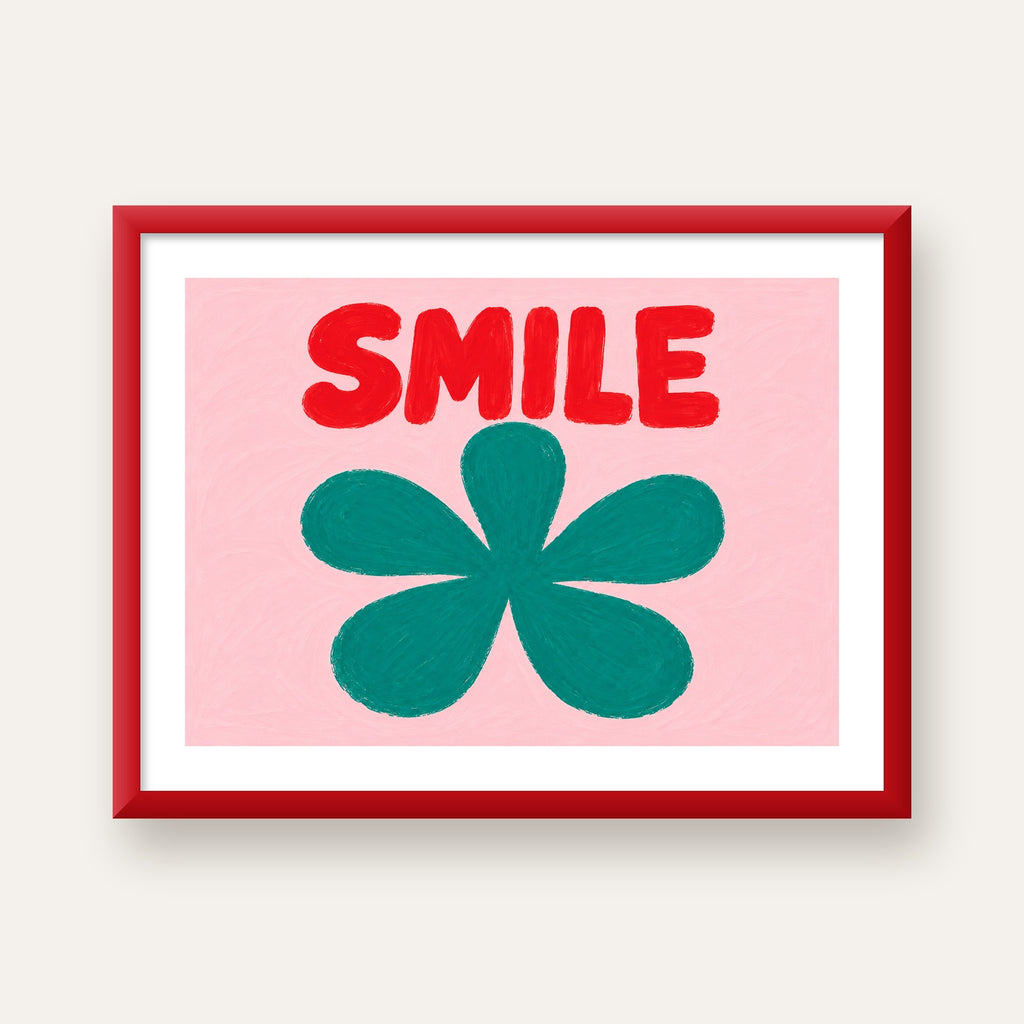 SMILE Kırmızı Yazılı Koyu Yeşil Çiçek Poster – Modern Duvar Sanatı — kırmızı çerçeveli paspartulu