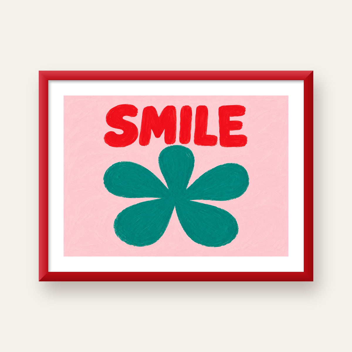 SMILE Kırmızı Yazılı Koyu Yeşil Çiçek Poster – Modern Duvar Sanatı — kırmızı çerçeveli paspartulu