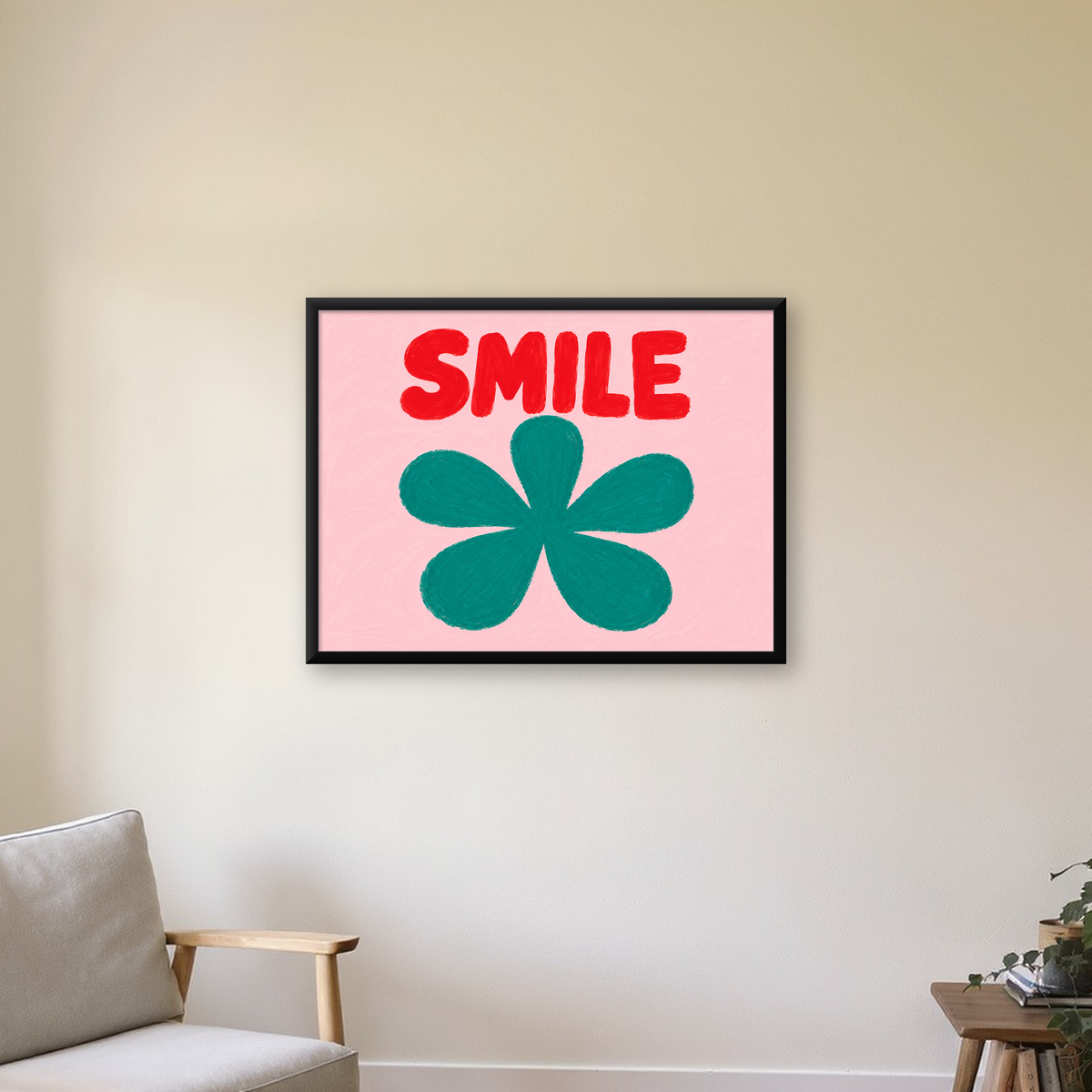 SMILE Kırmızı Yazılı Koyu Yeşil Çiçek Poster – Modern Duvar Sanatı — Yatay baskı, çerçeveli hâliyle bir ev duvarında