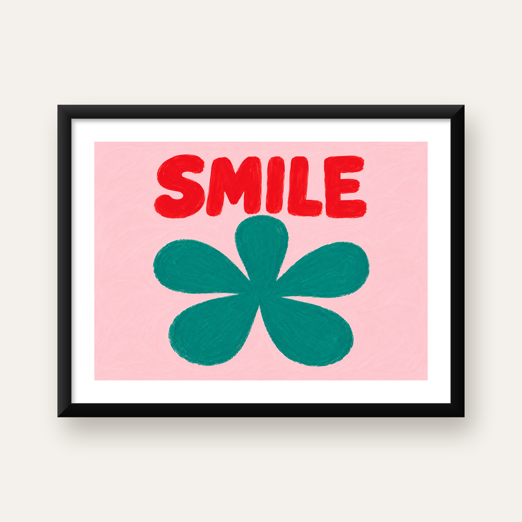 SMILE Kırmızı Yazılı Koyu Yeşil Çiçek Poster – Modern Duvar Sanatı — Yatay baskı, beyaz paspartulu