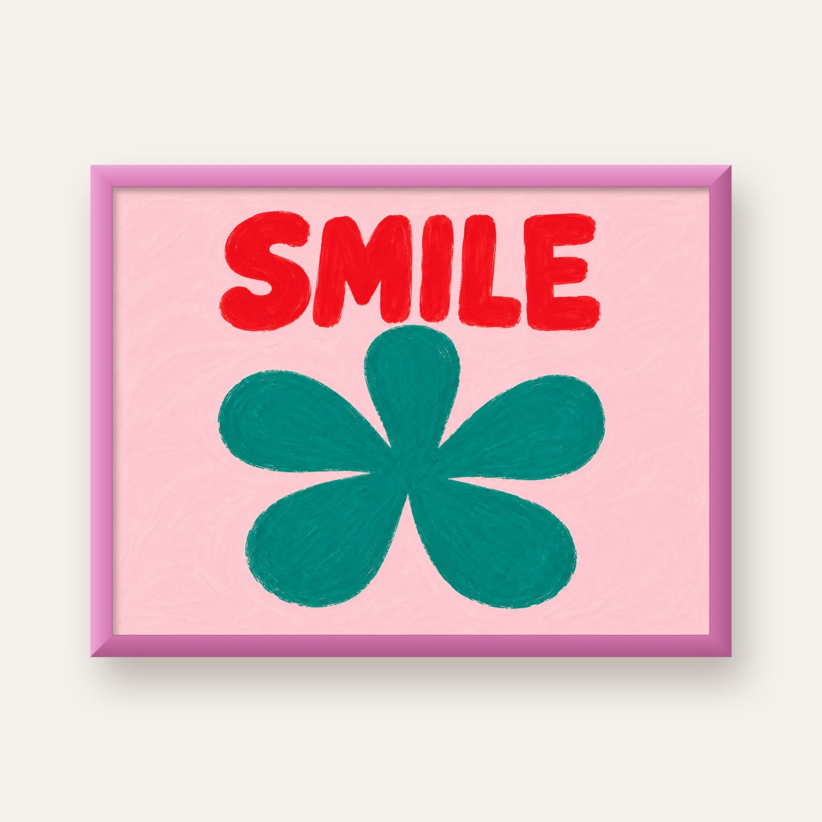 SMILE Kırmızı Yazılı Koyu Yeşil Çiçek Poster – Modern Duvar Sanatı — pembe çerçeveli
