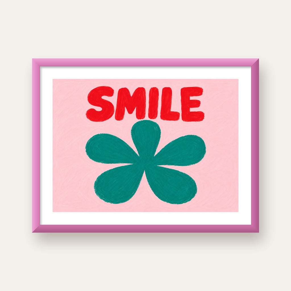 SMILE Kırmızı Yazılı Koyu Yeşil Çiçek Poster – Modern Duvar Sanatı — pembe çerçeveli paspartulu