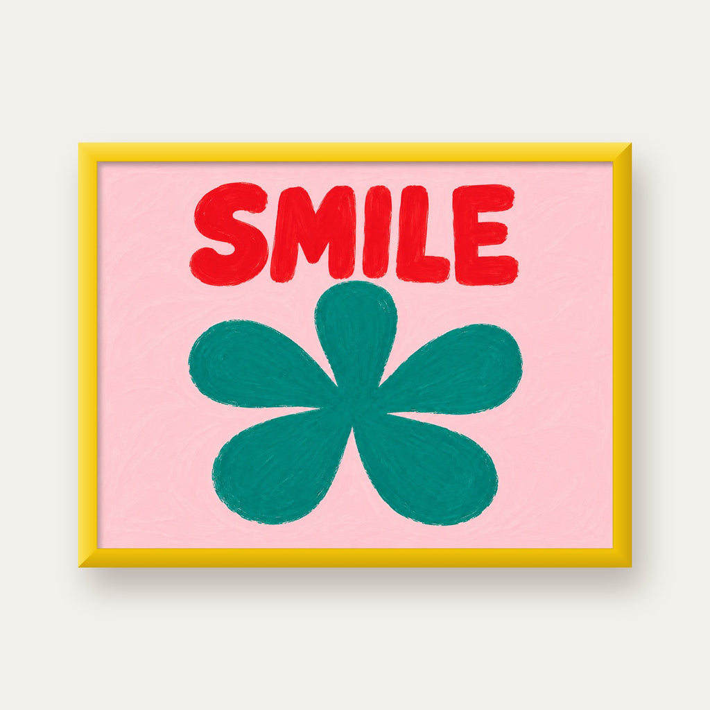 SMILE Kırmızı Yazılı Koyu Yeşil Çiçek Poster – Modern Duvar Sanatı — sarı çerçeveli
