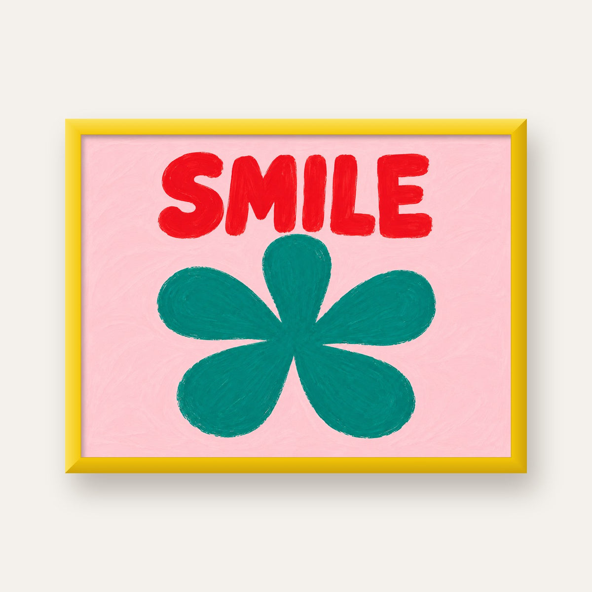 SMILE Kırmızı Yazılı Koyu Yeşil Çiçek Poster – Modern Duvar Sanatı — sarı çerçeveli