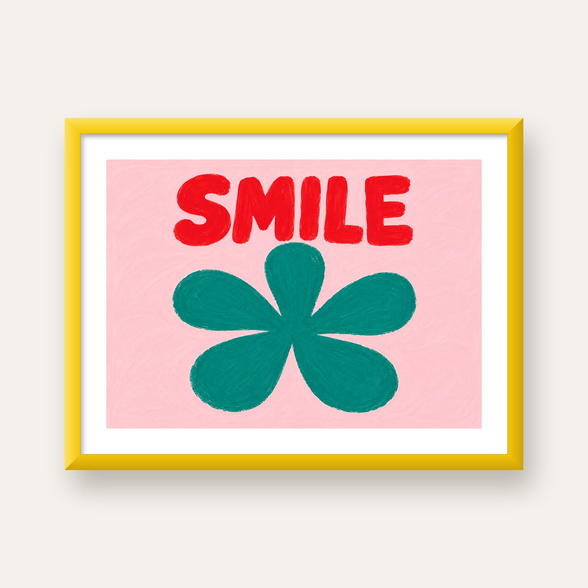 SMILE Kırmızı Yazılı Koyu Yeşil Çiçek Poster – Modern Duvar Sanatı — sarı çerçeveli paspartulu