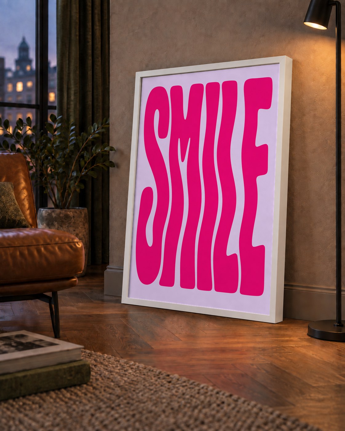SMILE Dalgalı Tipografi Poster – Modern ve Sade Tasarım — çerçeveli hâliyle bir ev duvarında