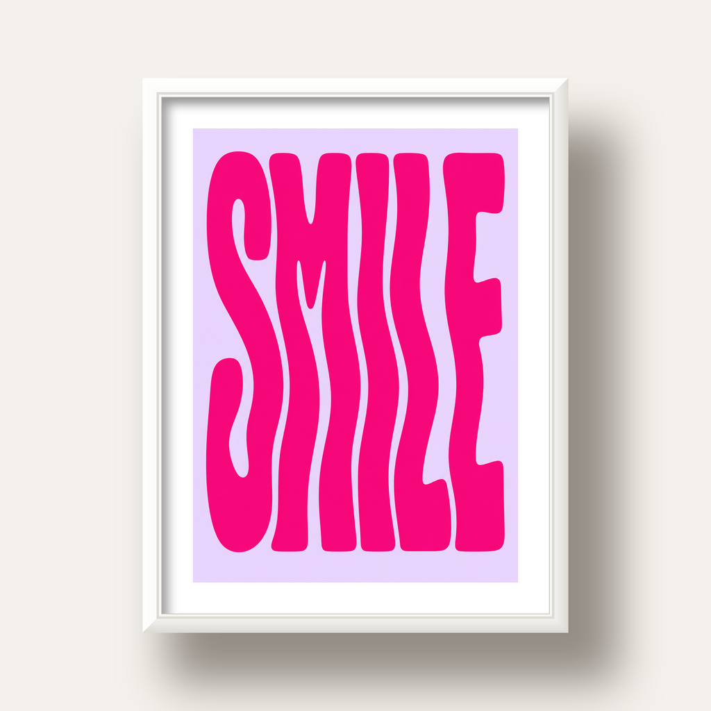SMILE Dalgalı Tipografi Poster – Modern ve Sade Tasarım — beyaz derin çerçeveli paspartulu