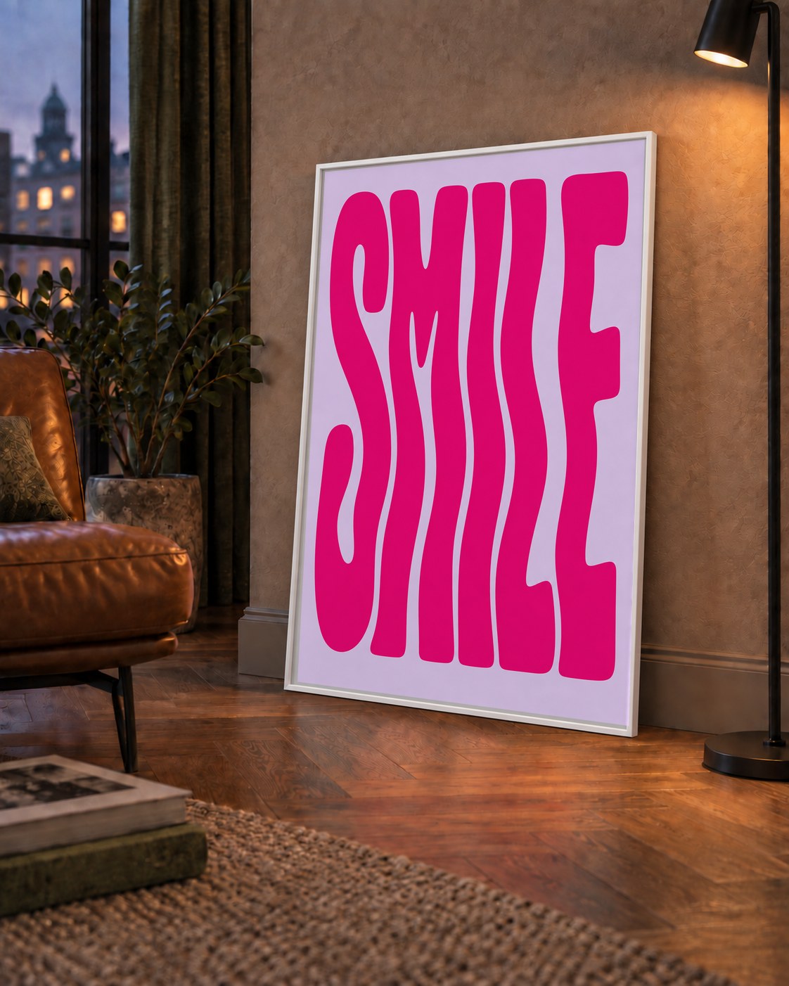 SMILE Dalgalı Tipografi Poster – Modern ve Sade Tasarım — çerçeveli hâliyle bir ev duvarında