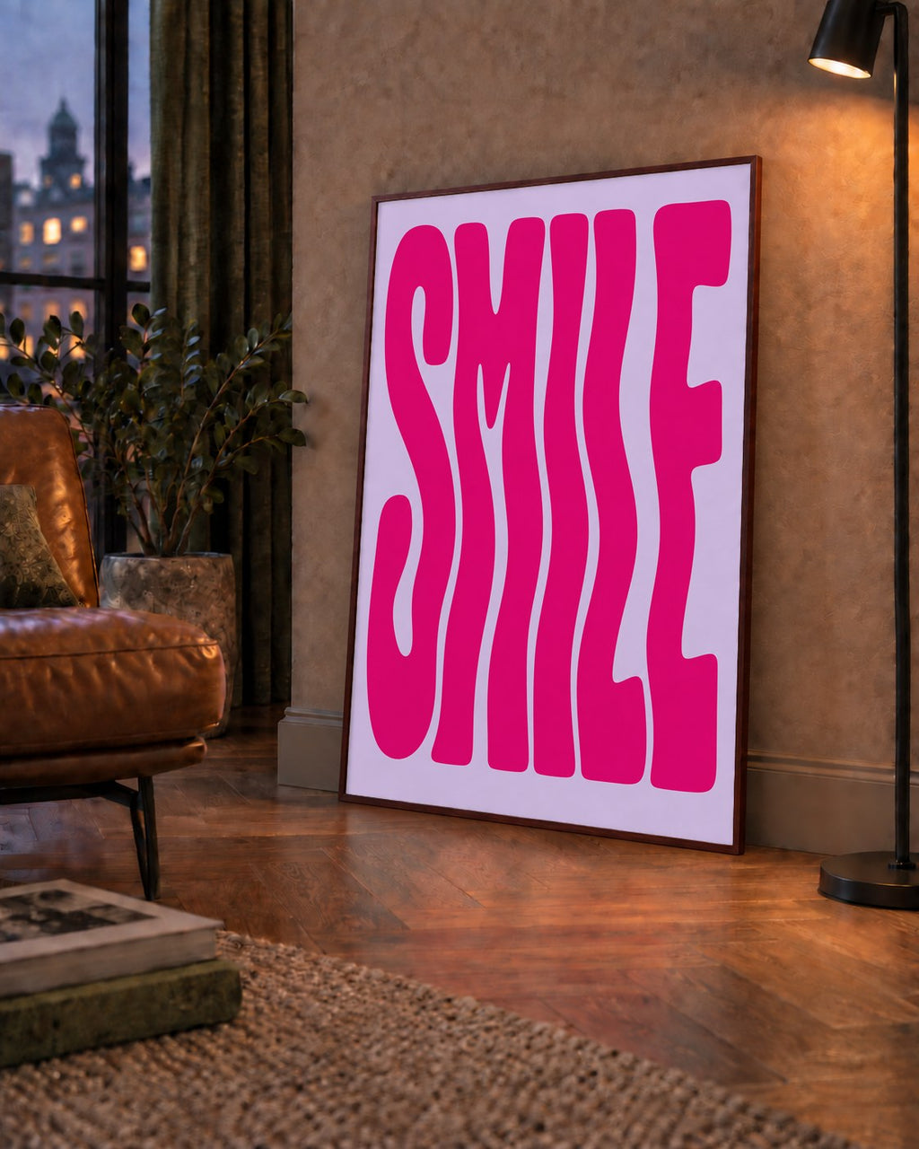 SMILE Dalgalı Tipografi Poster – Modern ve Sade Tasarım — çerçeveli hâliyle bir ev duvarında