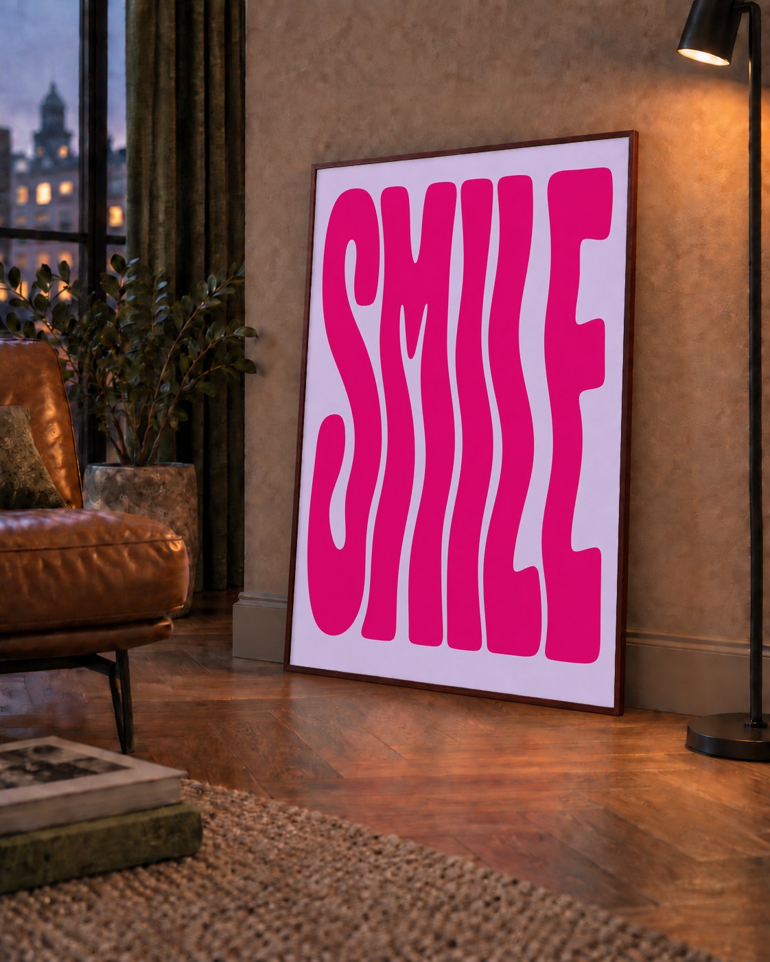 SMILE Dalgalı Tipografi Poster – Modern ve Sade Tasarım — çerçeveli hâliyle bir ev duvarında