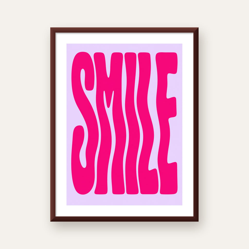 SMILE Dalgalı Tipografi Poster – Modern ve Sade Tasarım — ceviz çerçeveli paspartulu