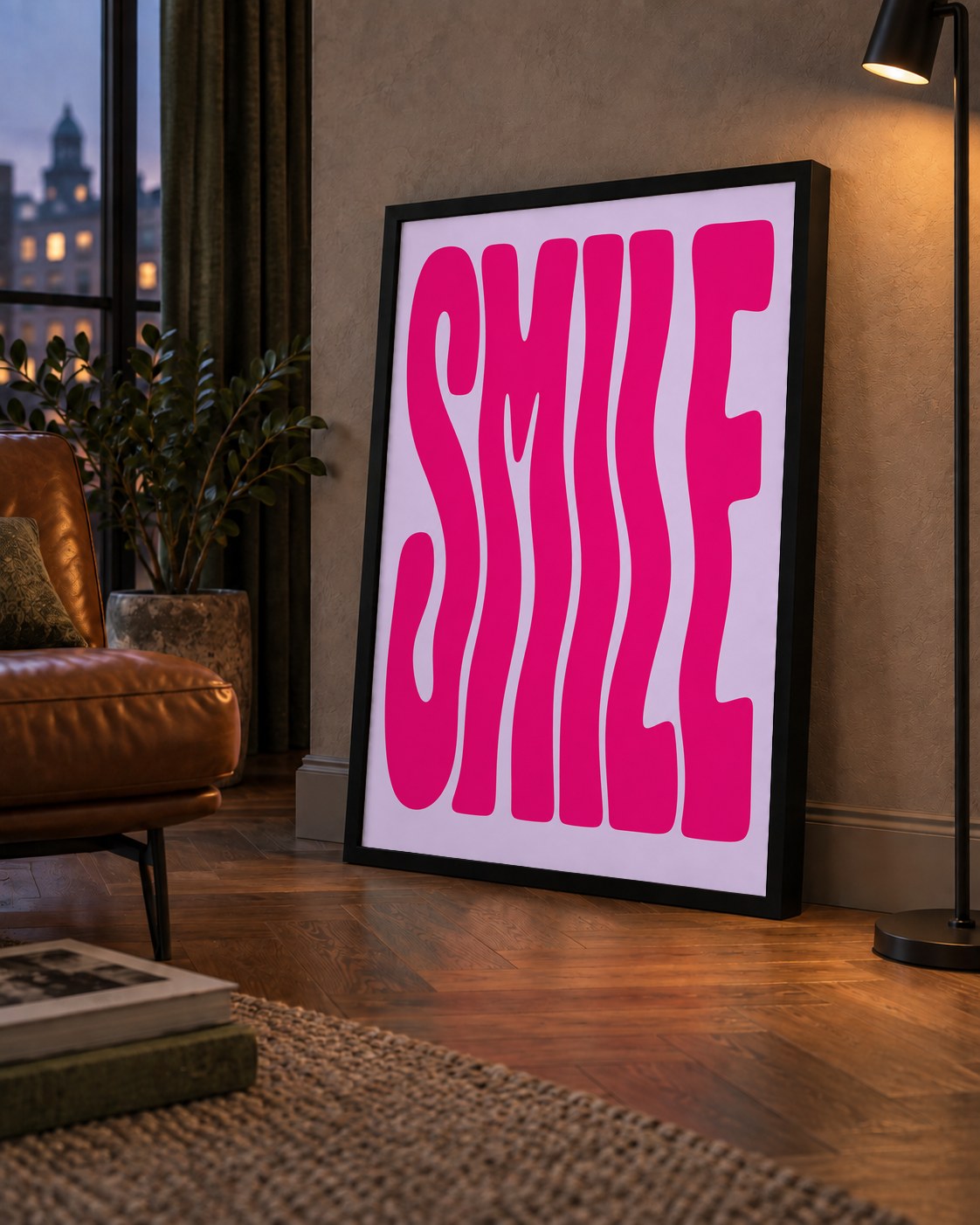 SMILE Dalgalı Tipografi Poster – Modern ve Sade Tasarım — çerçeveli hâliyle bir ev duvarında
