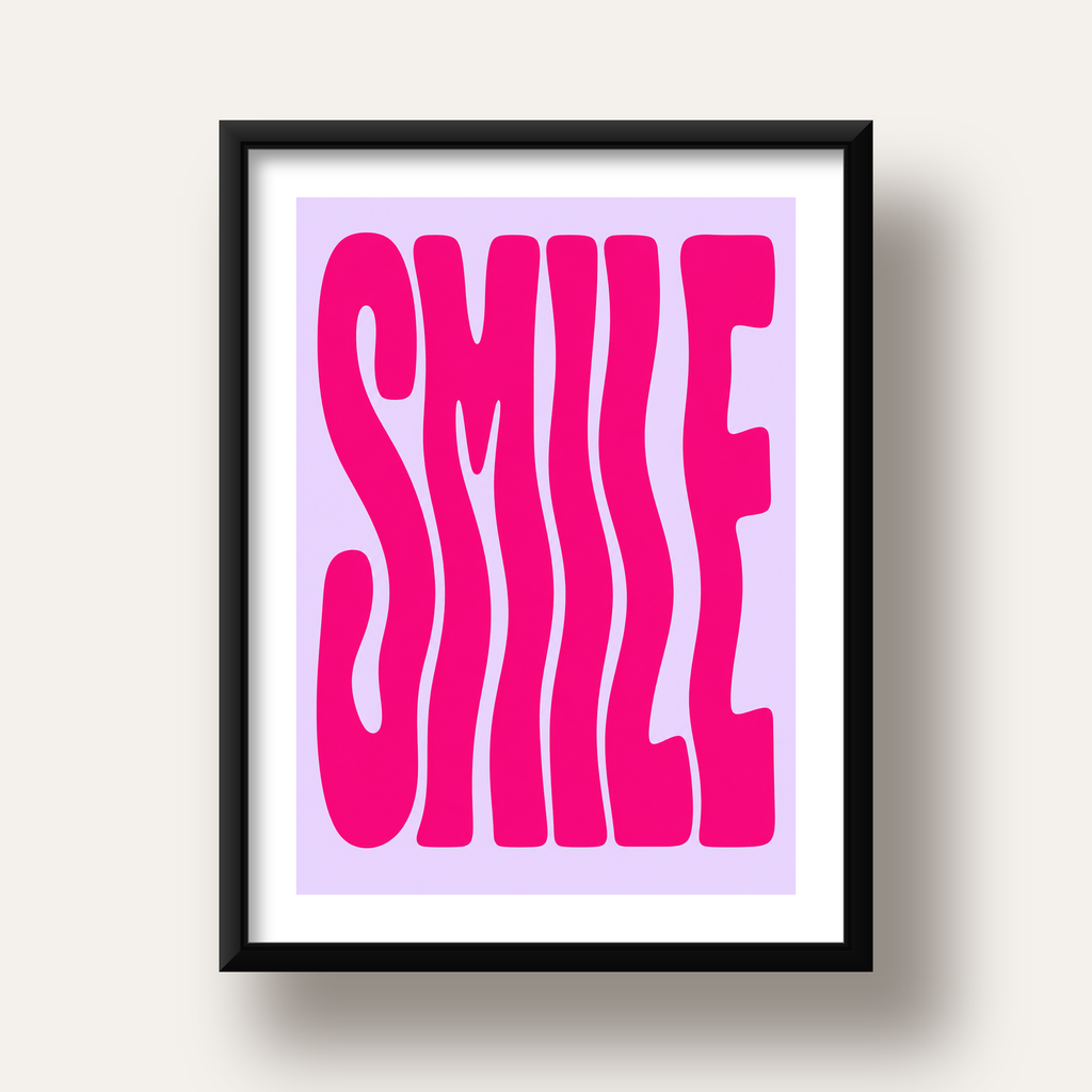 SMILE Dalgalı Tipografi Poster – Modern ve Sade Tasarım — siyah derin çerçeveli paspartulu