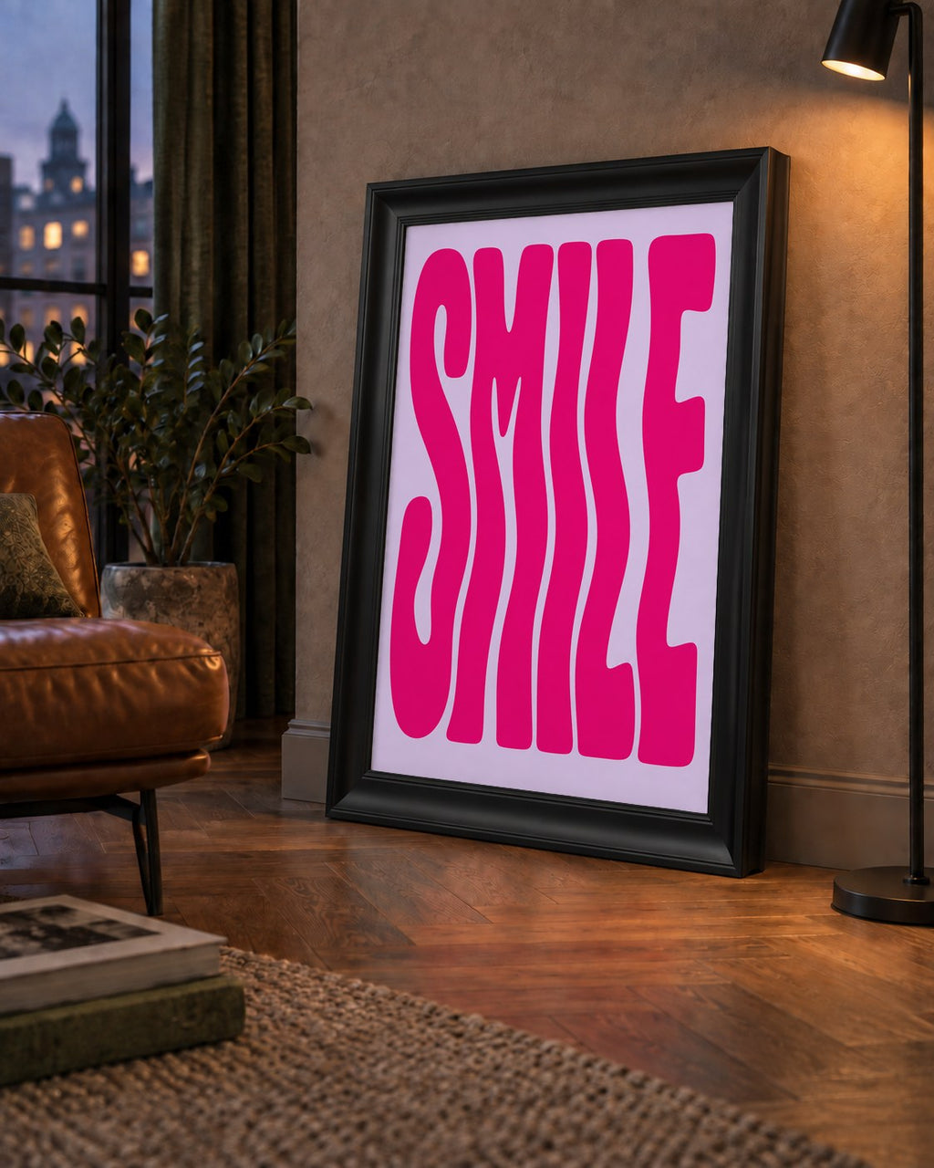 SMILE Dalgalı Tipografi Poster – Modern ve Sade Tasarım — çerçeveli hâliyle bir ev duvarında