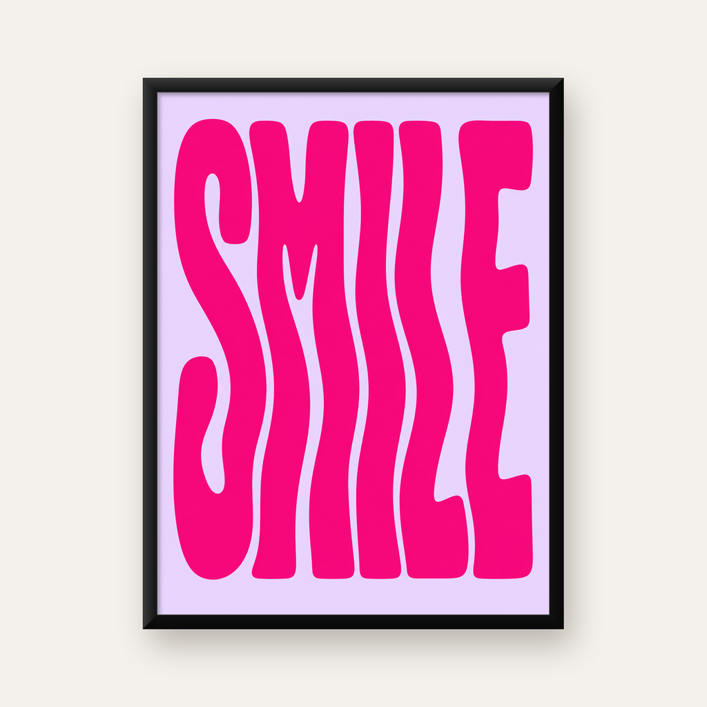 SMILE Dalgalı Tipografi Poster – Modern ve Sade Tasarım — Dikey baskı, düz siyah çerçeveli duvar posteri