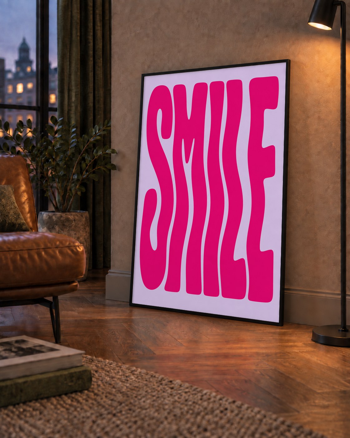SMILE Dalgalı Tipografi Poster – Modern ve Sade Tasarım — çerçeveli hâliyle bir ev duvarında