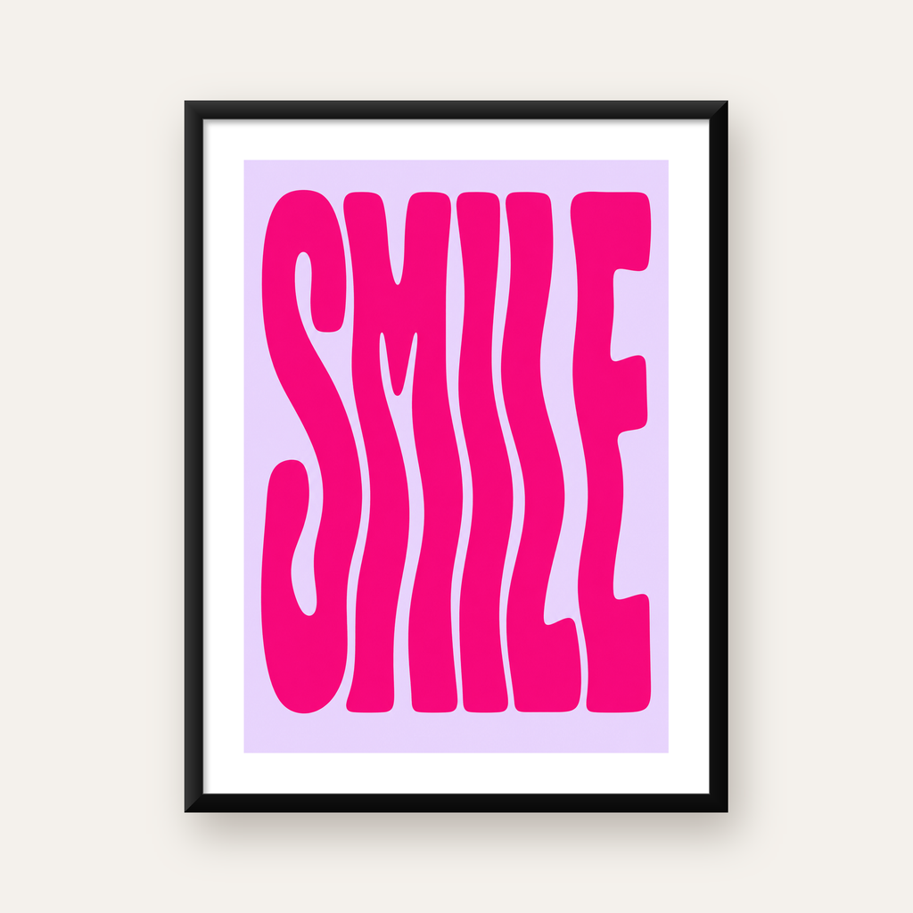 SMILE Dalgalı Tipografi Poster – Modern ve Sade Tasarım — Dikey baskı, beyaz paspartulu