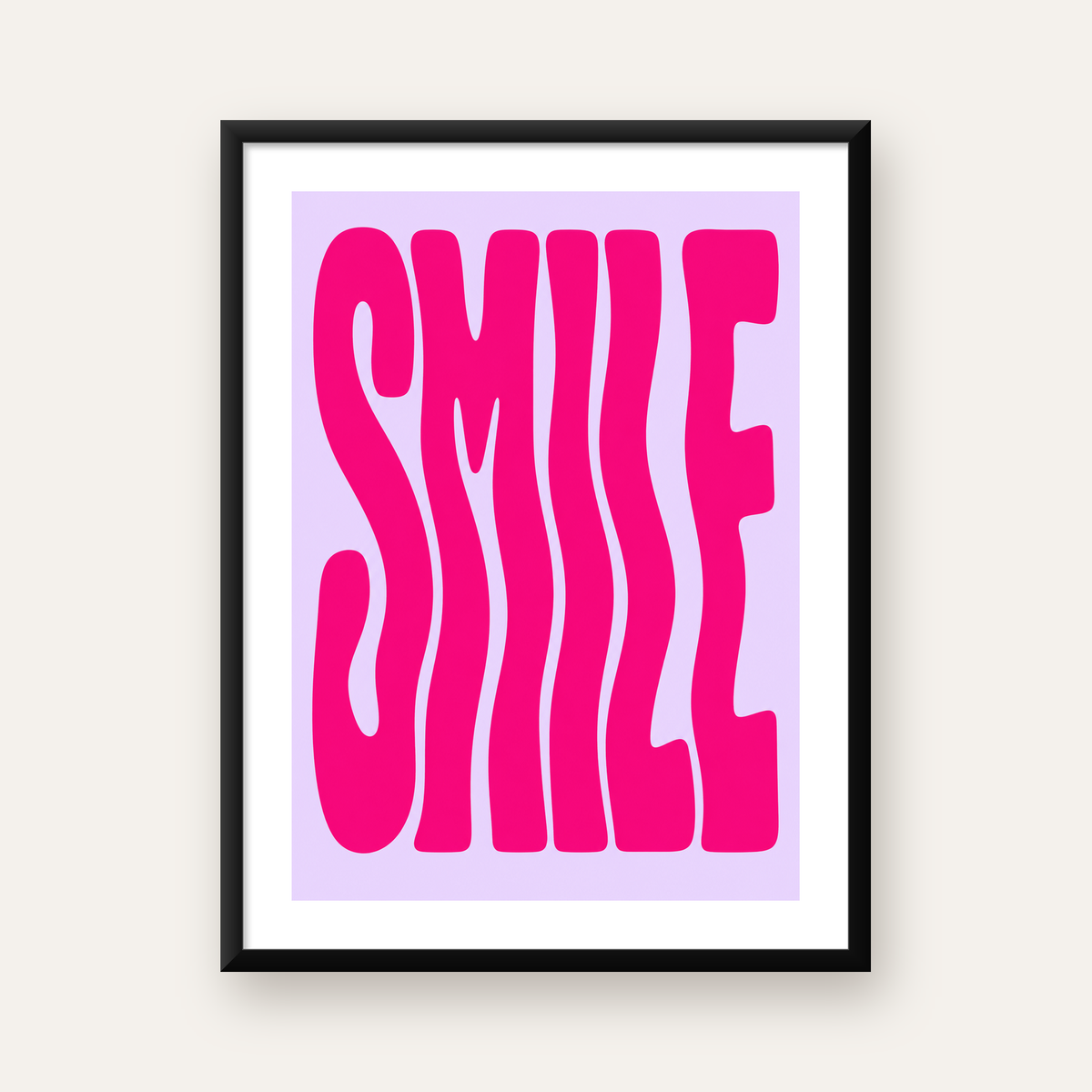 SMILE Dalgalı Tipografi Poster – Modern ve Sade Tasarım — Dikey baskı, beyaz paspartulu
