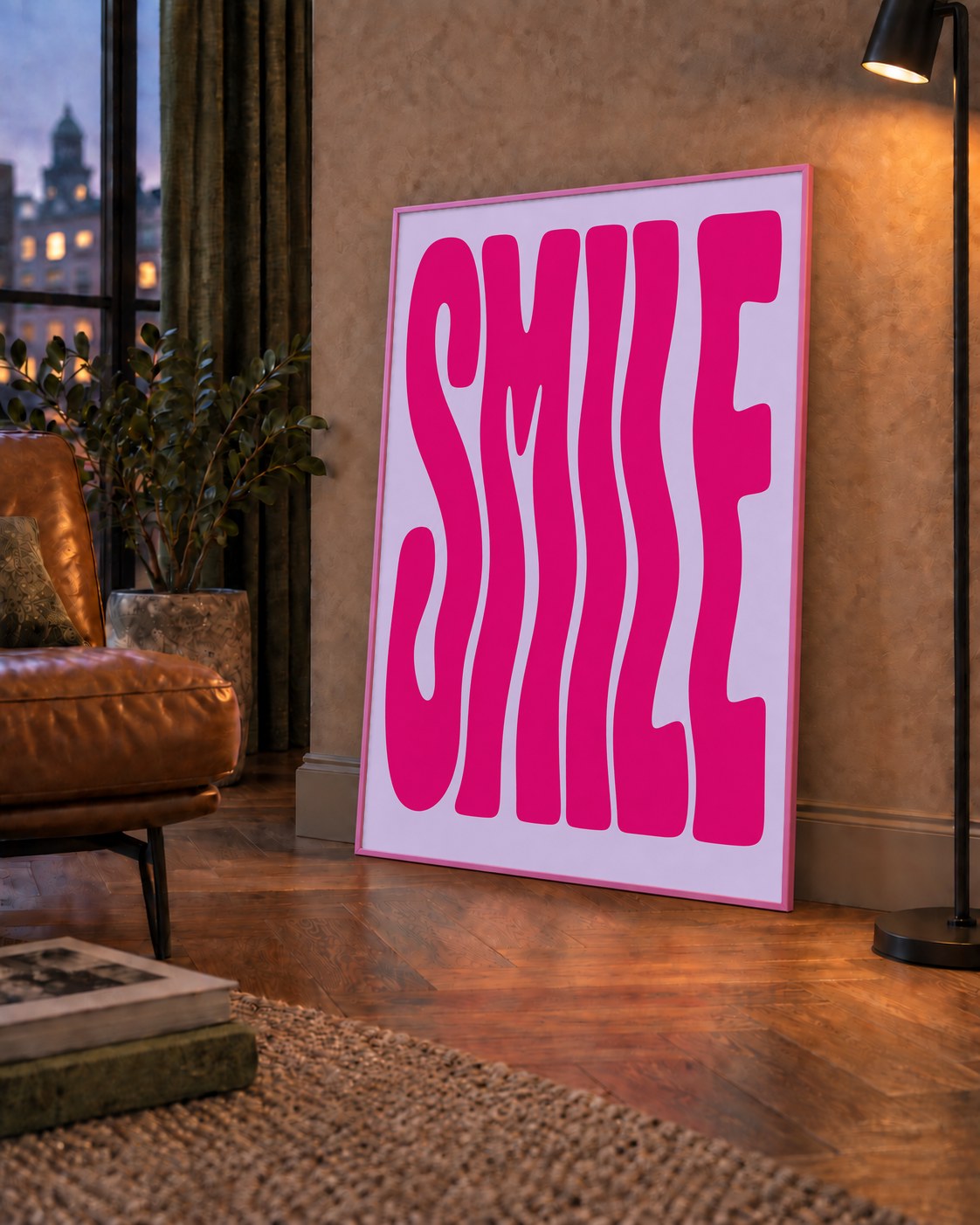 SMILE Dalgalı Tipografi Poster – Modern ve Sade Tasarım — çerçeveli hâliyle bir ev duvarında