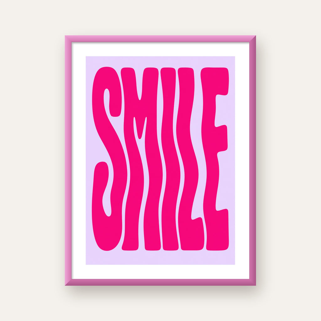 SMILE Dalgalı Tipografi Poster – Modern ve Sade Tasarım — pembe çerçeveli paspartulu
