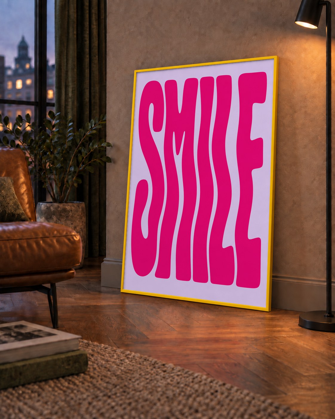 SMILE Dalgalı Tipografi Poster – Modern ve Sade Tasarım — çerçeveli hâliyle bir ev duvarında