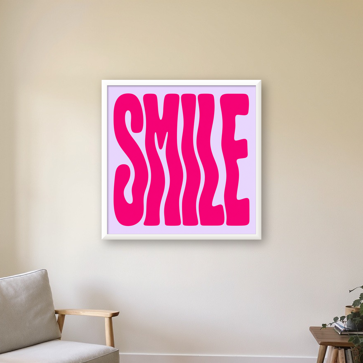 SMILE Dalgalı Tipografi Poster – Modern ve Sade Tasarım — beyaz çerçeveli kare poster