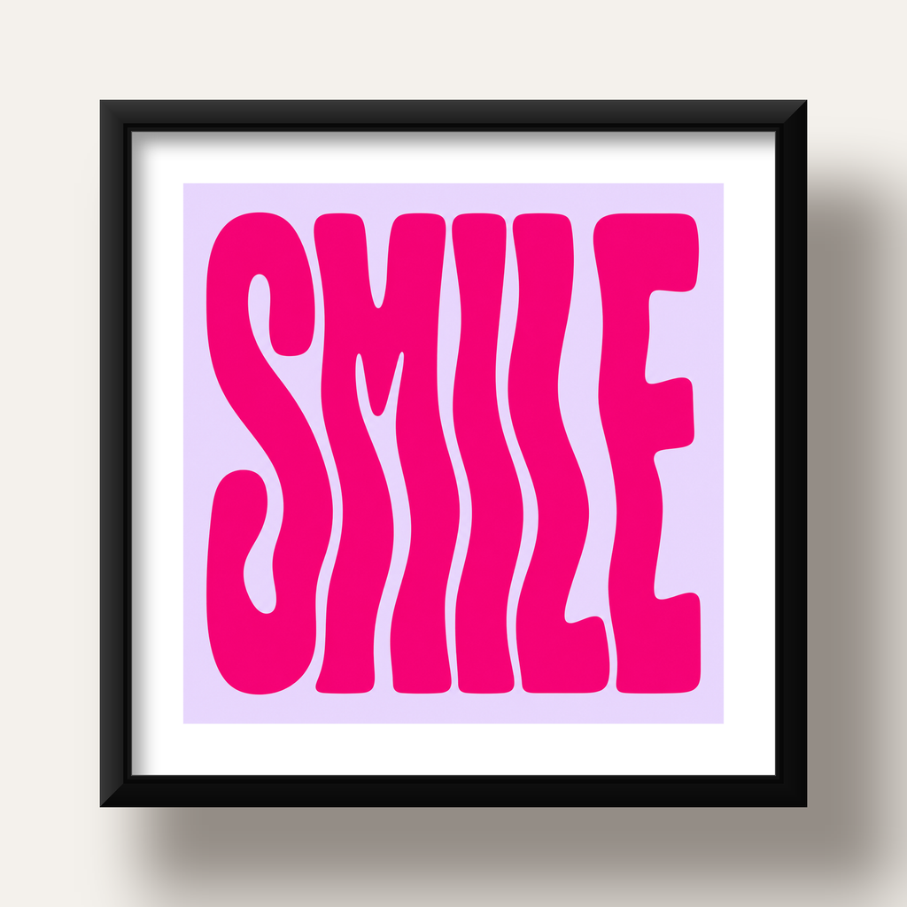 SMILE Dalgalı Tipografi Poster – Modern ve Sade Tasarım — siyah derin çerçeveli paspartulu