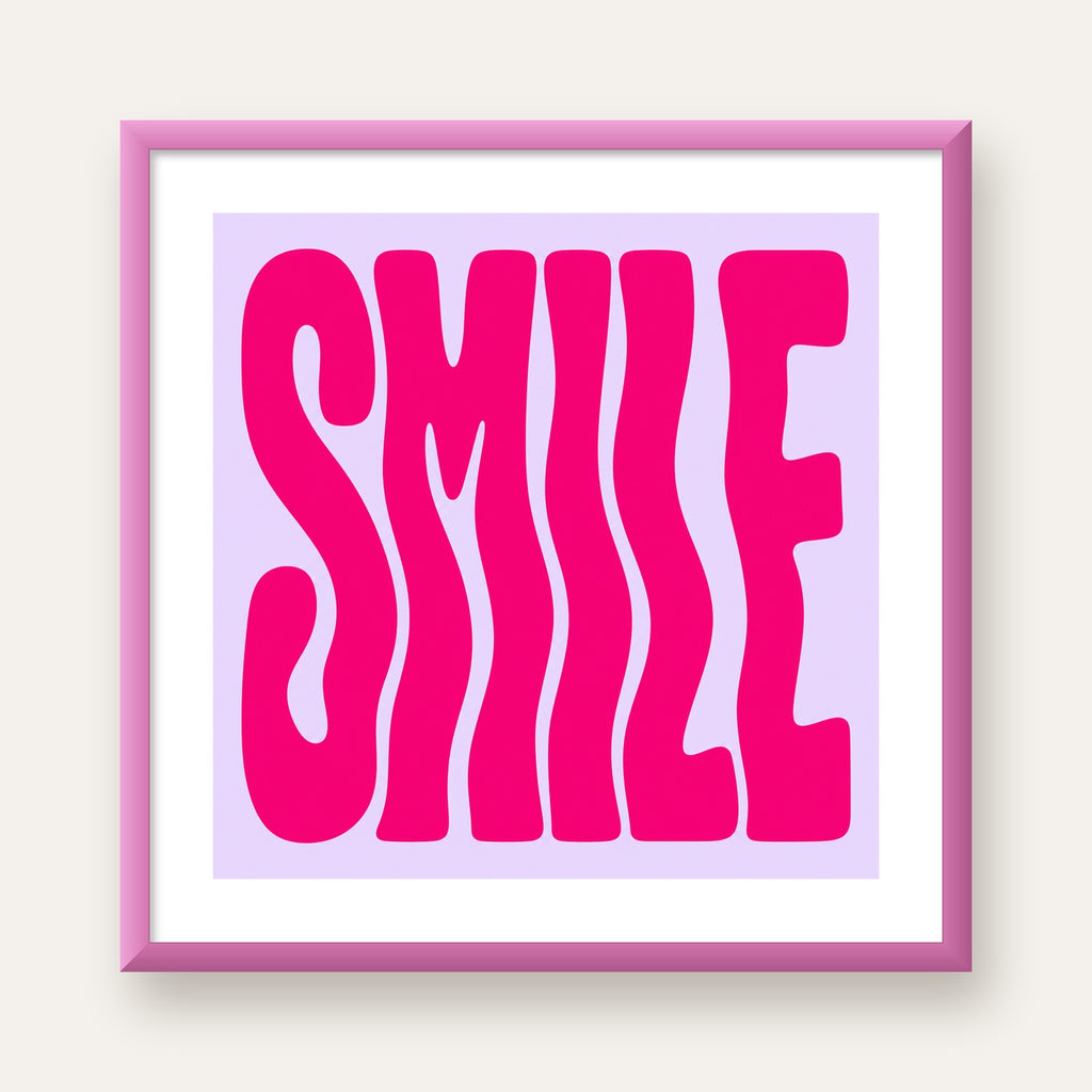 SMILE Dalgalı Tipografi Poster – Modern ve Sade Tasarım — pembe çerçeveli paspartulu