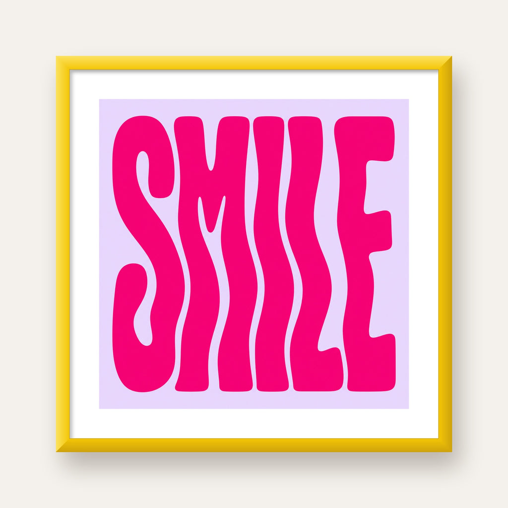 SMILE Dalgalı Tipografi Poster – Modern ve Sade Tasarım — sarı çerçeveli paspartulu