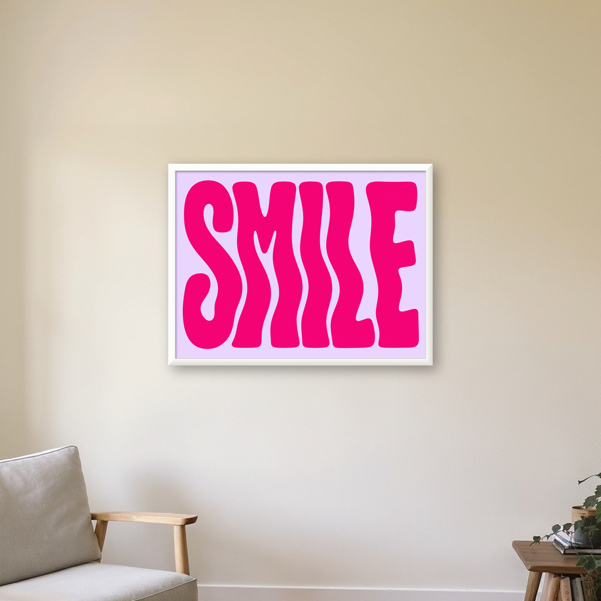 SMILE Dalgalı Tipografi Poster – Modern ve Sade Tasarım — beyaz çerçeveli yatay poster