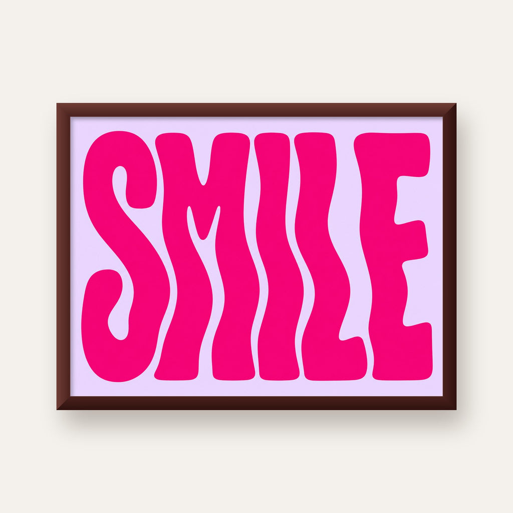SMILE Dalgalı Tipografi Poster – Modern ve Sade Tasarım — ceviz çerçeveli