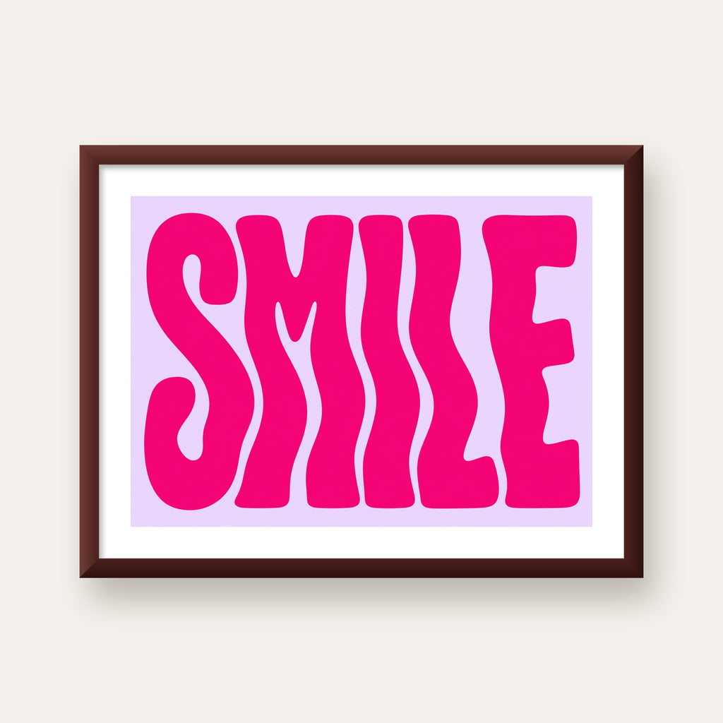 SMILE Dalgalı Tipografi Poster – Modern ve Sade Tasarım — ceviz çerçeveli paspartulu