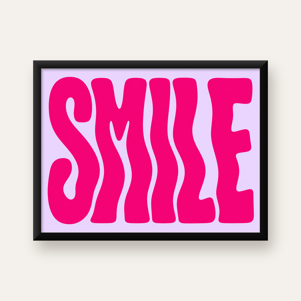 SMILE Dalgalı Tipografi Poster – Modern ve Sade Tasarım — Yatay baskı, düz siyah çerçeveli duvar posteri