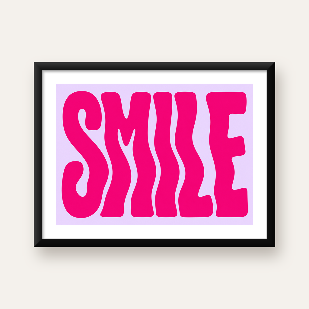 SMILE Dalgalı Tipografi Poster – Modern ve Sade Tasarım — Yatay baskı, beyaz paspartulu