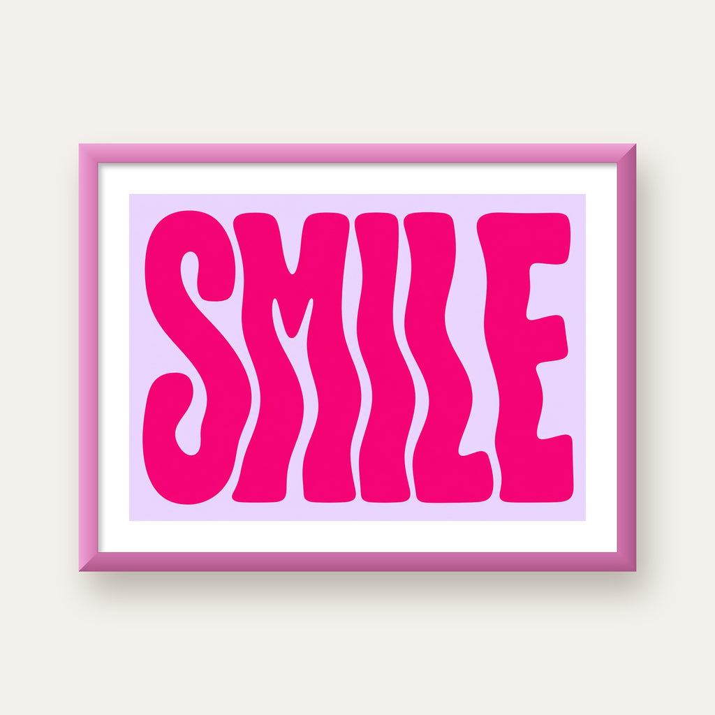 SMILE Dalgalı Tipografi Poster – Modern ve Sade Tasarım — pembe çerçeveli paspartulu