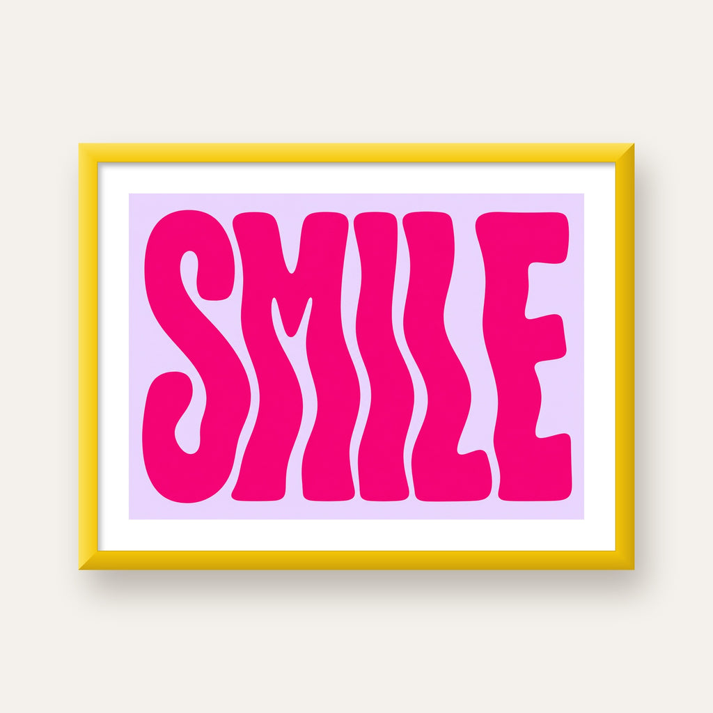 SMILE Dalgalı Tipografi Poster – Modern ve Sade Tasarım — sarı çerçeveli paspartulu