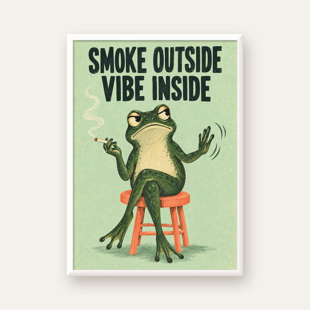 Sigara İçen Kurbağa Retro Mizahi Poster – Smoke Outside Vibe Inside — beyaz çerçeveli dikey poster