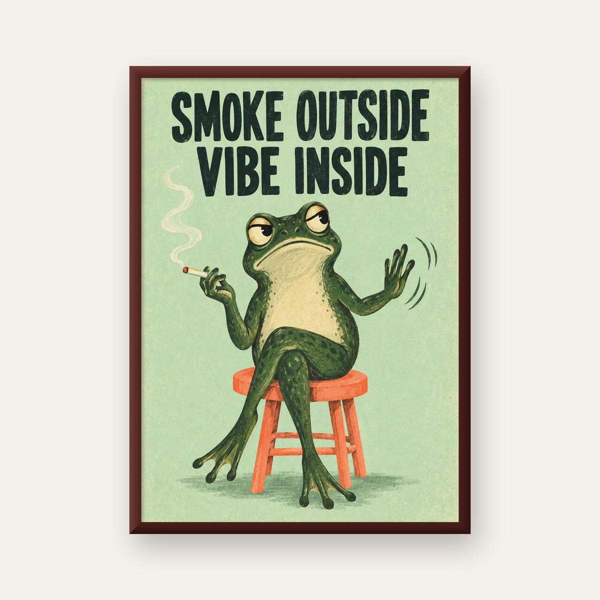 Sigara İçen Kurbağa Retro Mizahi Poster – Smoke Outside Vibe Inside — ceviz çerçeveli