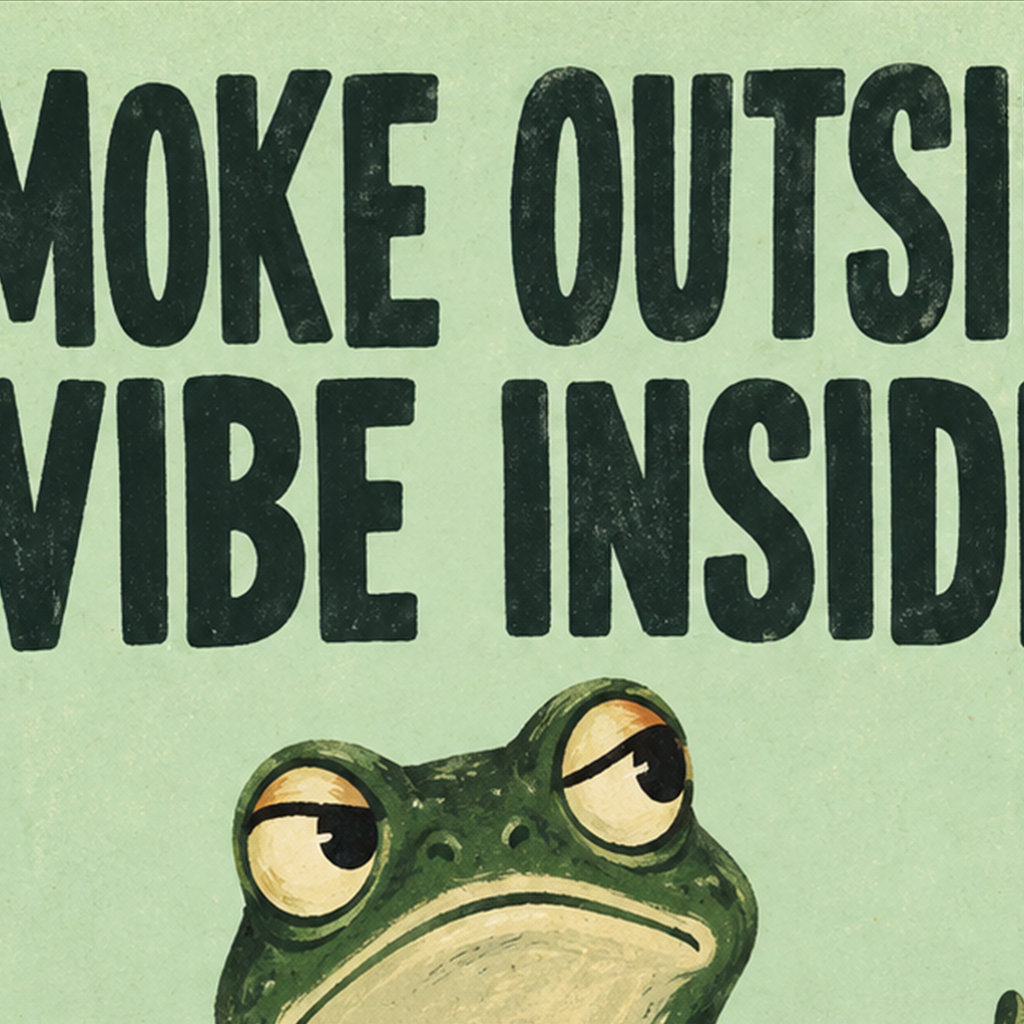 Sigara İçen Kurbağa Retro Mizahi Poster – Smoke Outside Vibe Inside — baskının yakın çekimi, kâğıt dokusu ve renk detayı