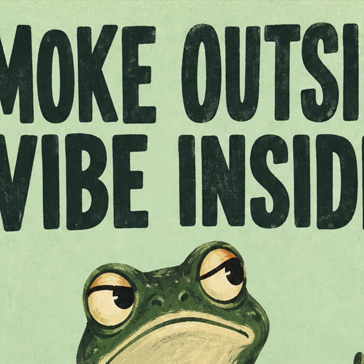 Sigara İçen Kurbağa Retro Mizahi Poster – Smoke Outside Vibe Inside — baskının yakın çekimi, kâğıt dokusu ve renk detayı