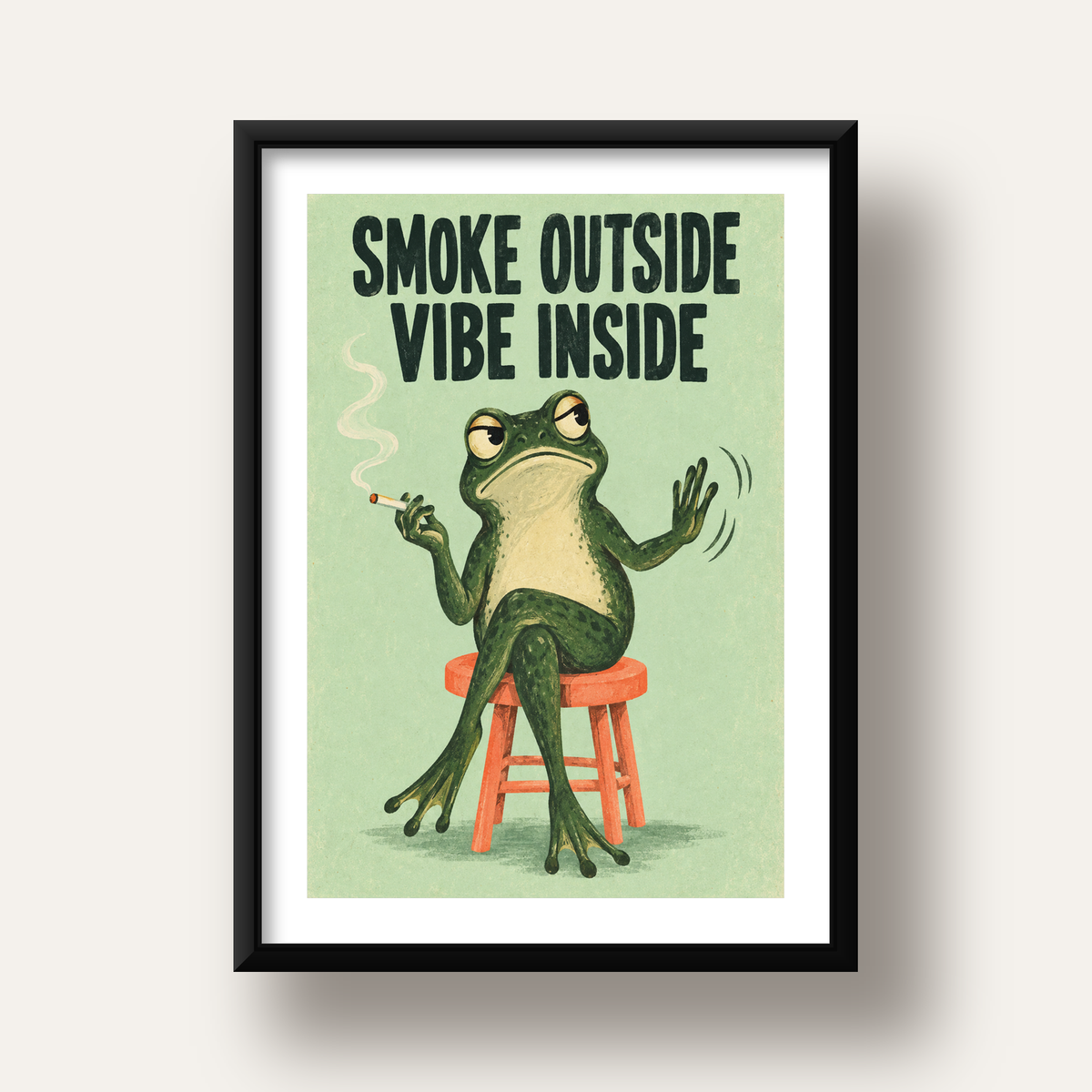 Sigara İçen Kurbağa Retro Mizahi Poster – Smoke Outside Vibe Inside — siyah derin çerçeveli paspartulu