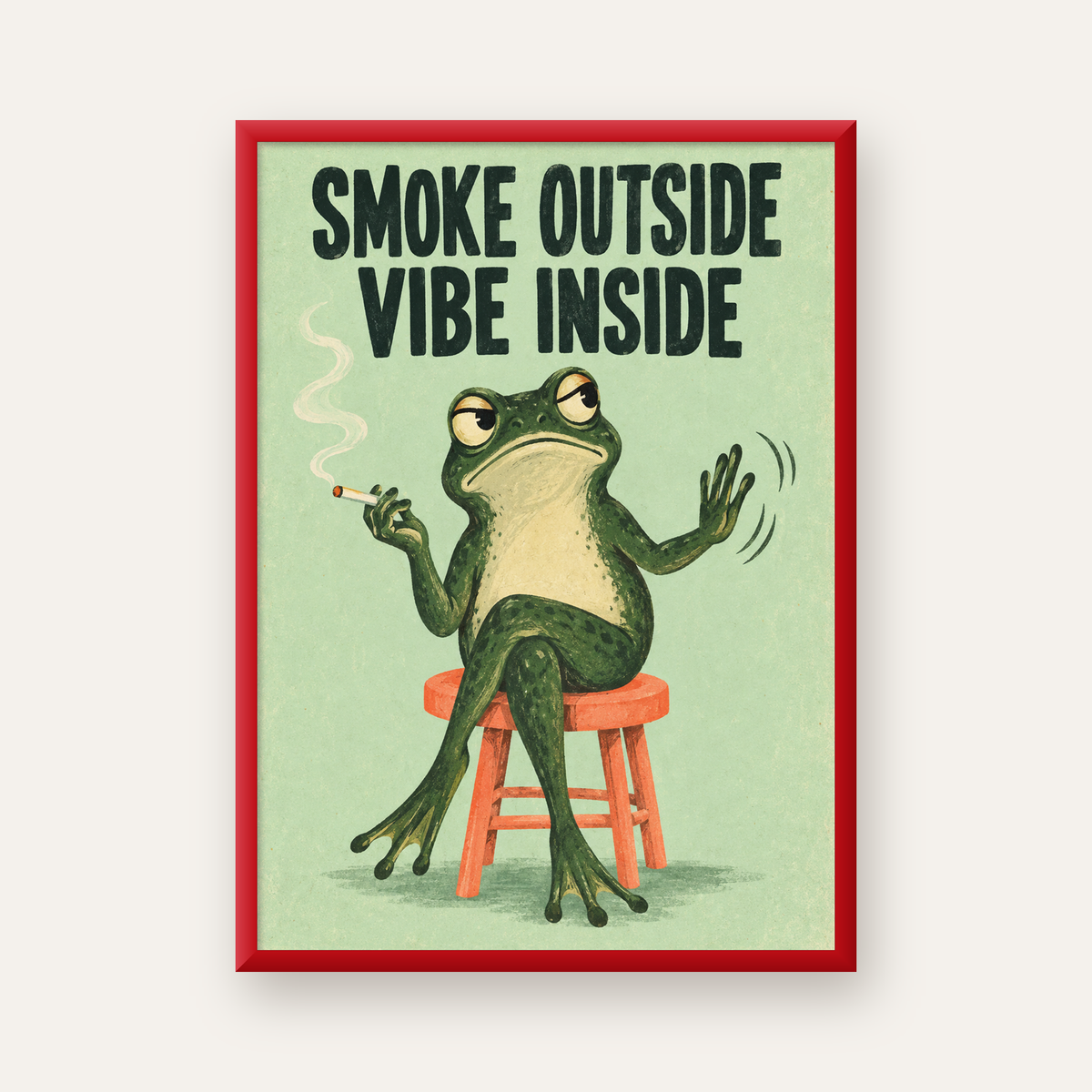 Sigara İçen Kurbağa Retro Mizahi Poster – Smoke Outside Vibe Inside — kırmızı çerçeveli