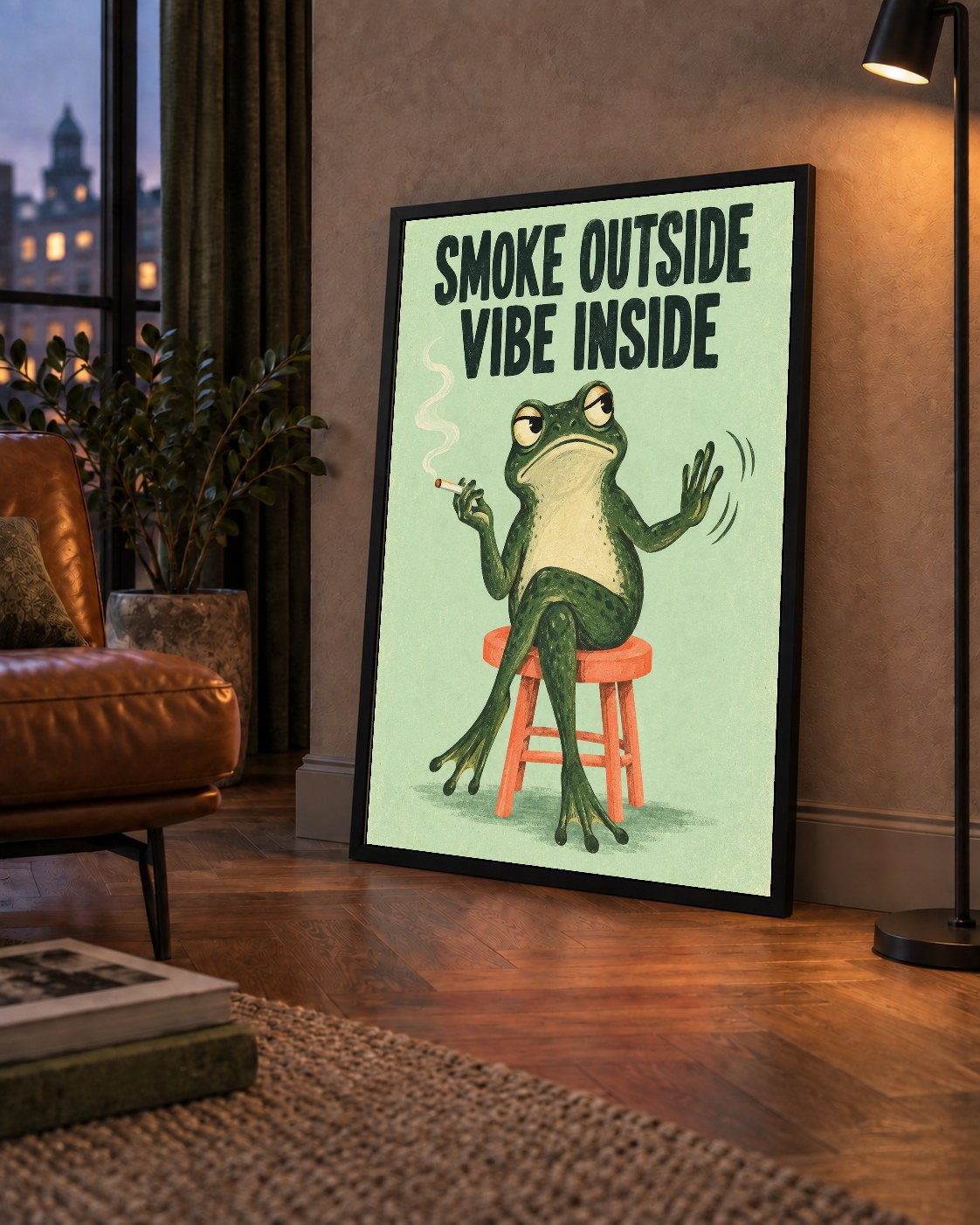 Sigara İçen Kurbağa Retro Mizahi Poster – Smoke Outside Vibe Inside