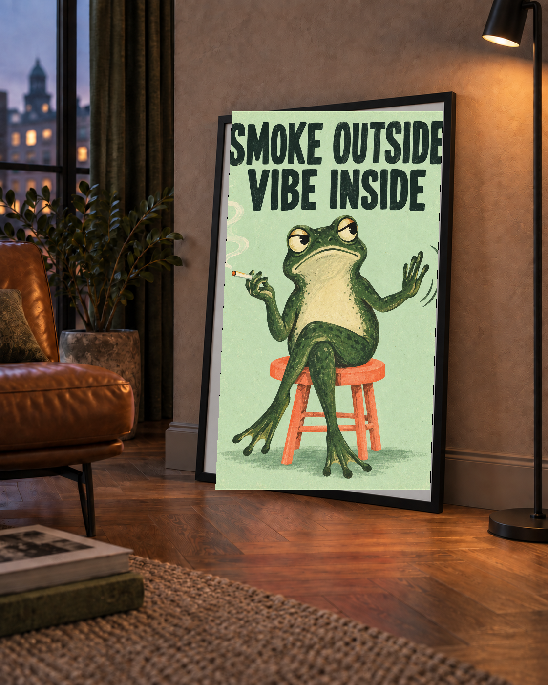 Sigara İçen Kurbağa Retro Mizahi Poster – Smoke Outside Vibe Inside